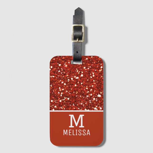 Trendy Red Glitter Name Monogram Luggage Tag (Front Vertical)