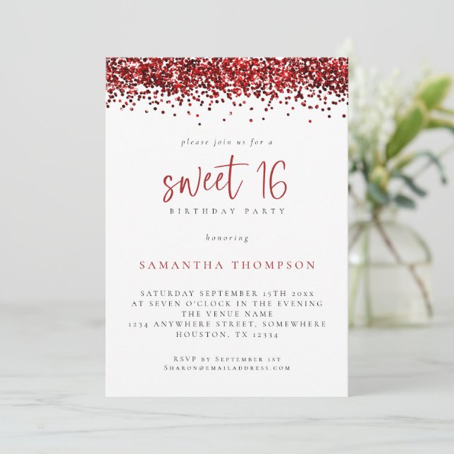 Trendy Red Glitter Sweet 16 Birthday Party Invitation (Standing Front)
