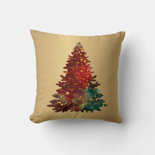 Trendy Red Green Watercolor Tree Gold Christmas Cushion (Front)
