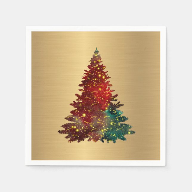 Trendy Red Green Watercolor Tree Gold Christmas Napkin (Front)