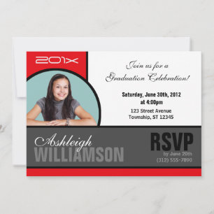 Trendy Red & Grey Photo Graduation Invitations