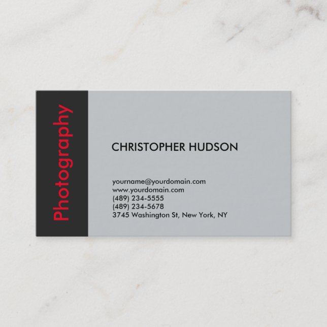 Trendy Red Grey Photography Business Card (Front)