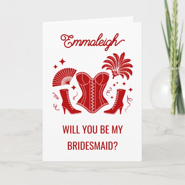 Trendy Red Las Vegas Showgirl Bridesmaid Proposal Card (Front)