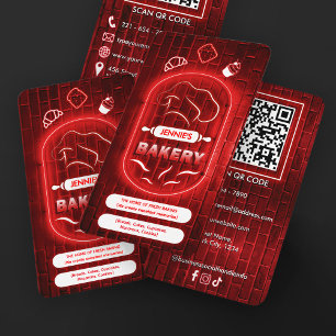Trendy Red Neon Pink Bakery Custom Logo QR Code   Business Card