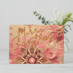 Trendy Red Pink Abstract Snowflake Floral Art Gold
