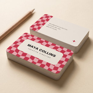 Trendy Red Pink Wavy Chequerboard Business Card