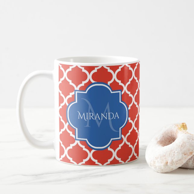 Trendy Red Quatrefoil Blue Monogram and Name Coffee Mug (With Donut)