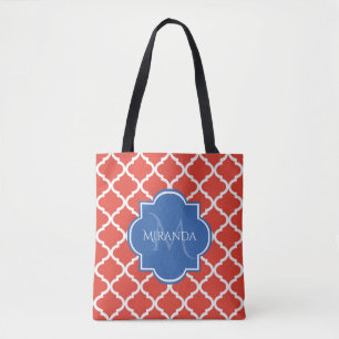 Trendy Red Quatrefoil Blue Monogram and Name Tote Bag