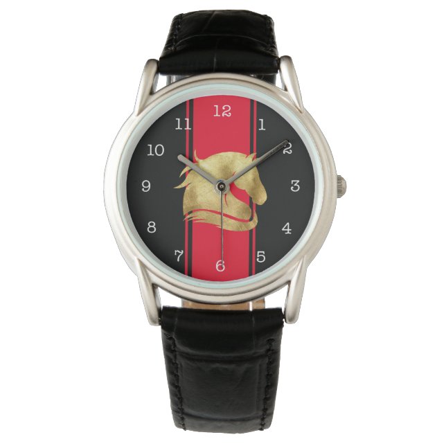 Trendy Red Racing Stripes Gold Horse Watch (Front)