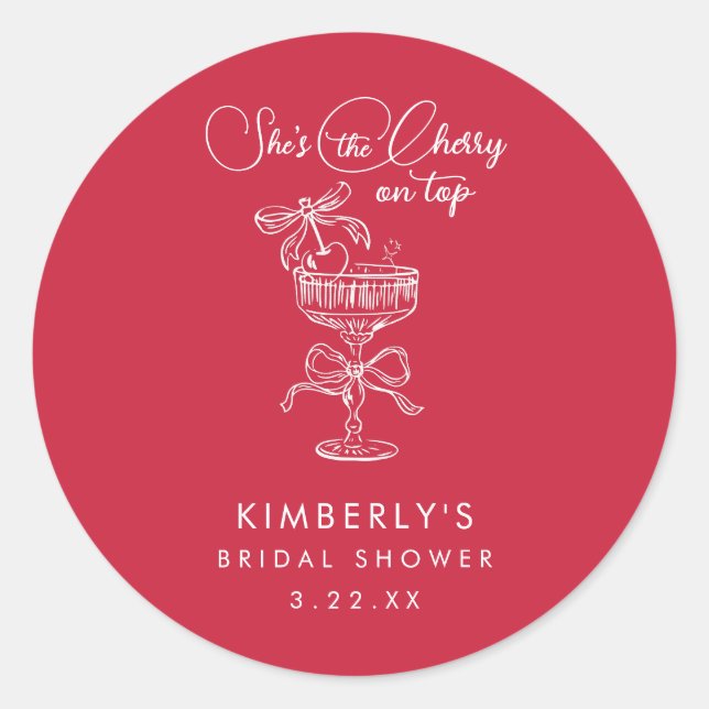 Trendy Red She's The Cherry On Top Bridal Shower Classic Round Sticker (Front)