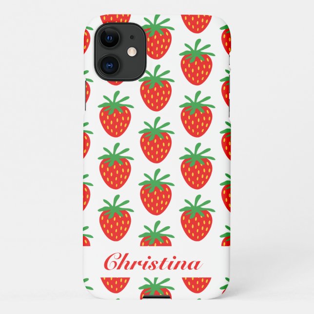 Trendy red strawberry print custom Zazzle Basic iPhone Case (Back)