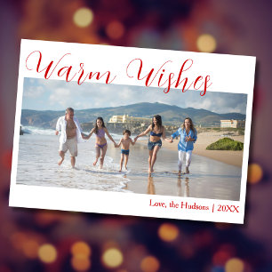 Trendy Red Warm Wishes Two Beach Family Photo  Holiday Card