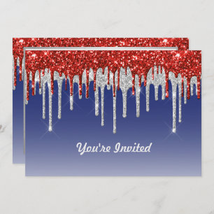 Trendy Red White and Blue Glitter Drips Birthday Invitation