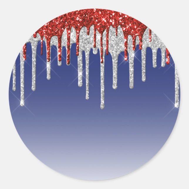 Trendy Red White and Blue Glitter Drips Classic Round Sticker (Front)