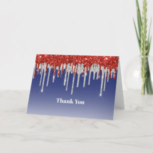 Trendy Red White and Blue Glitter Drips Thank You Card