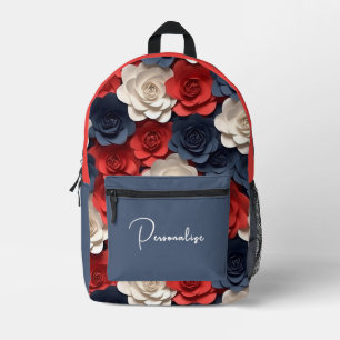 Trendy Red White Blue Roses Custom Name Printed Backpack