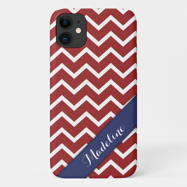 Trendy Red White Chevron Blue Ribbon Case-Mate iPhone Case (Back)
