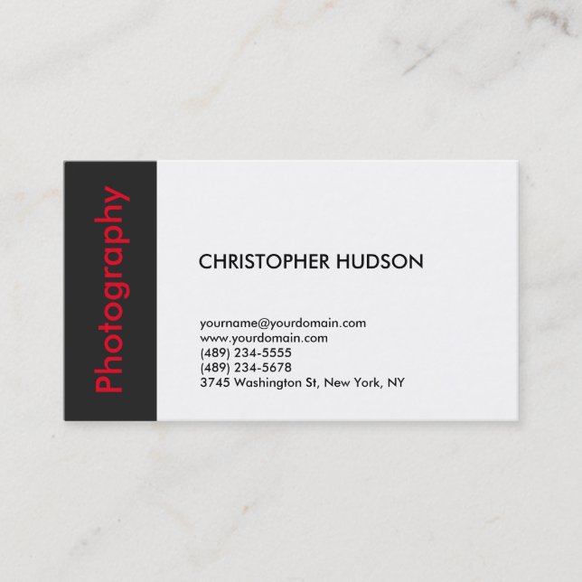 Trendy Red White Dark Grey Photography Business Card (Front)