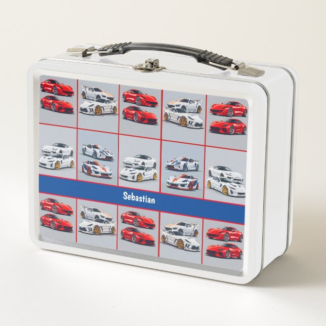 Trendy Red & White Sporty Sports Cars Enthusiasts Metal Lunch Box (Front)