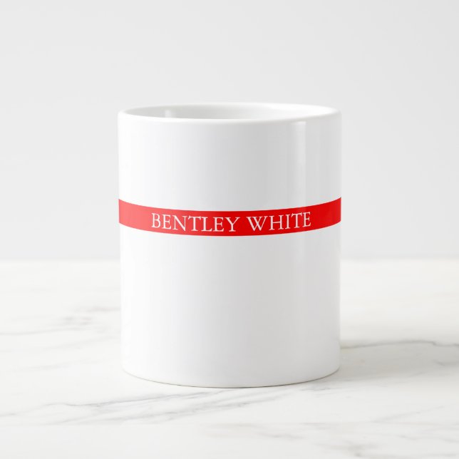 Trendy Red White Stylish Simple Plain Your Name Large Coffee Mug (Front)