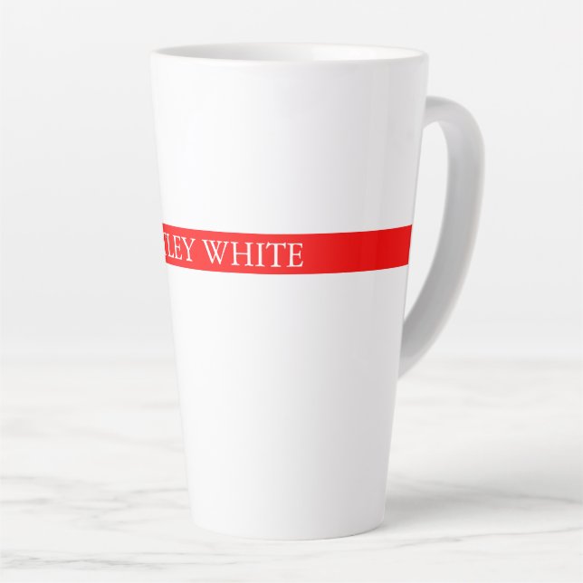 Trendy Red White Stylish Simple Plain Your Name Latte Mug (Right Angle)