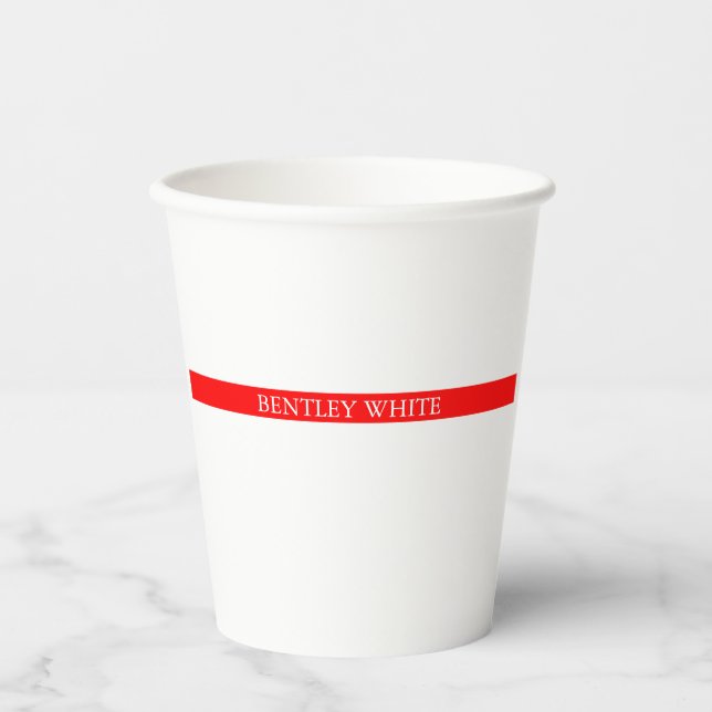 Trendy Red White Stylish Simple Plain Your Name Paper Cups (Front)