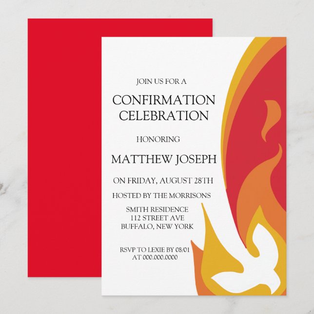 Trendy Red Yellow Dove Fire Confirmation Invitation (Front/Back)