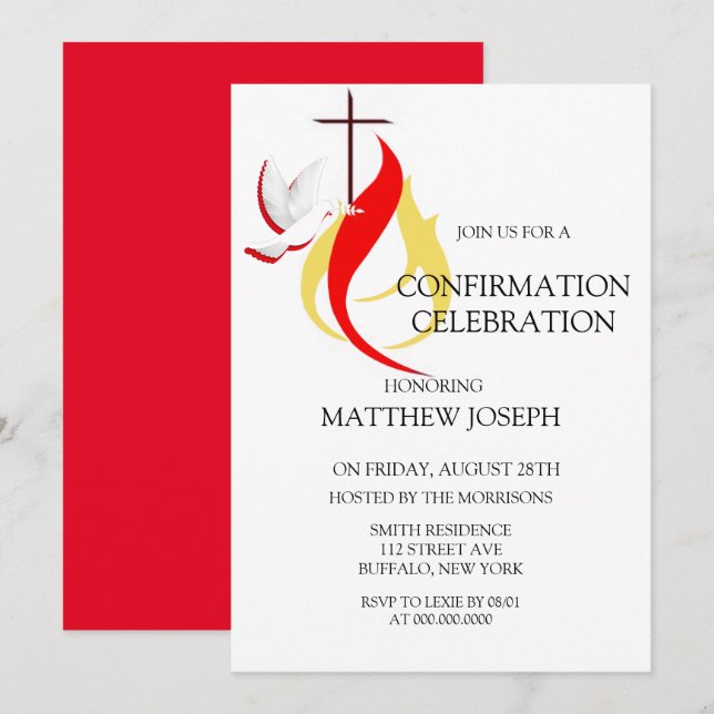 Trendy Red Yellow Dove Fire Confirmation Invitation (Front/Back)