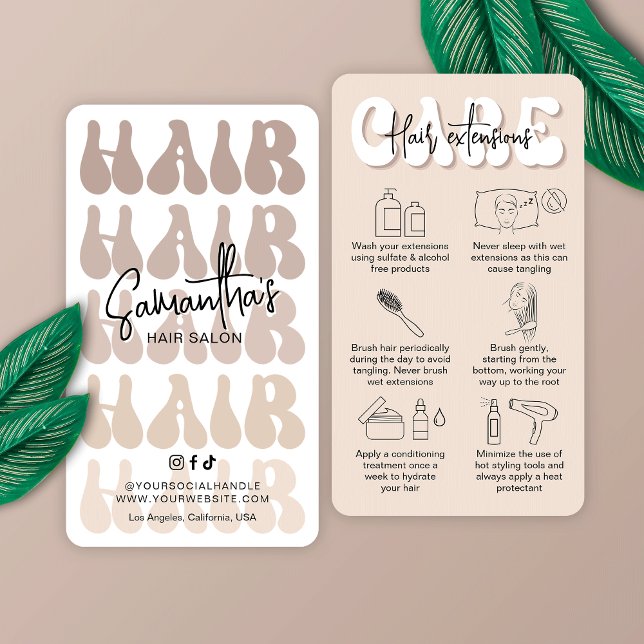 Trendy Retro Beige Hair Extensions Aftercare Guide Business Card (Trendy hair extensions after care cards with retro fonts in a modern beige & white design)