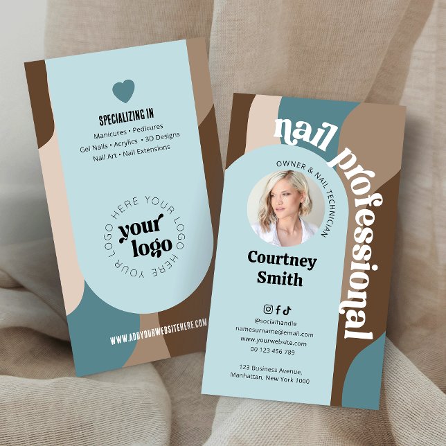 Trendy Retro Blue & Taupe Nail Artist Manicure Business Card (Trendy nail professional business cards with custom photo and your logo)