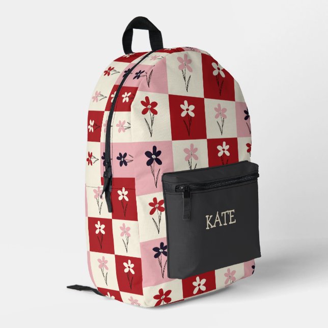 Trendy Retro Chequerboard Floral Personalised Name Printed Backpack (Back Corner Left)