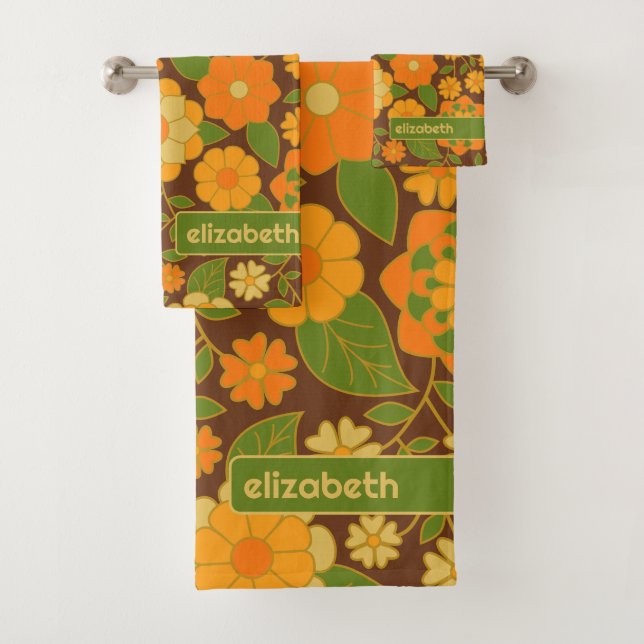 Trendy Retro Floral Pattern Custom name block  Bath Towel Set (Insitu)