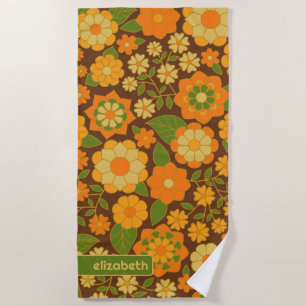 Trendy Retro Floral Pattern Custom name block  Beach Towel