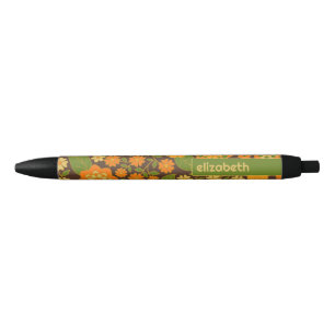 Trendy Retro Floral Pattern Custom name block  Black Ink Pen