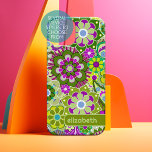Trendy Retro Floral Pattern custom name block iPhone 15 Case<br><div class="desc">A bold, floral design with colourful shades of purple and green with a fun colour block to add your name or any text. The crazy flower pattern has a variety of colours. You can add a name, monogram or other custom text. If you need to move the art around, click...</div>