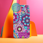 Trendy Retro Floral Pattern - custom name block iPhone 15 Case<br><div class="desc">A bold, floral design with colourful shades of purple and aqua with a fun colour block to add your name or any text. The crazy flower pattern has a variety of colours. You can add a name, monogram or other custom text. If you need to move the art around, click...</div>