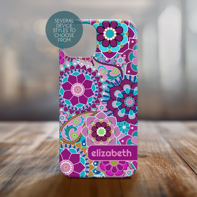 Trendy Retro Floral Pattern custom name block iPhone 15 Case (Personalized Phone Cover - Funky Floral Pattern)