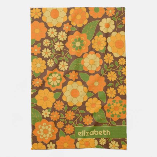 Trendy Retro Floral Pattern Custom name block  Tea Towel (Vertical)