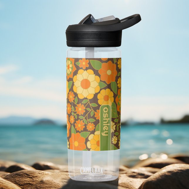 Trendy Retro Floral Pattern Custom name block  Water Bottle (Personalized Water Bottle)