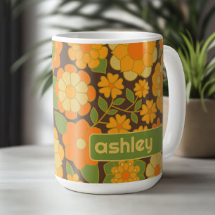 Trendy Retro Floral Pattern with name block  Coffee Mug