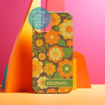 Trendy Retro Floral Pattern with name block iPhone 15 Case<br><div class="desc">A bold, floral design with colourful shades of gold, orange and green with a fun colour block to add your name or any text. The crazy flower pattern has a variety of colours. You can add a name, monogram or other custom text. If you need to move the art around,...</div>