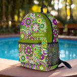 Trendy Retro Floral Pattern with name block Printed Backpack<br><div class="desc">A bold, floral design with colourful shades of purple and green with a fun colour block to add your name or any text. The crazy flower pattern has a variety of colours. You can add a name, monogram or other custom text. If you need to move the art around, click...</div>