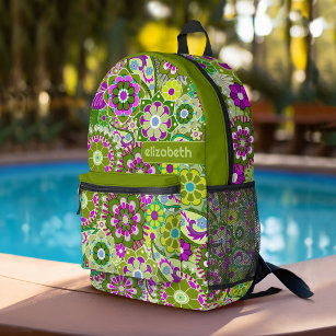 Trendy Retro Floral Pattern with name block Printed Backpack