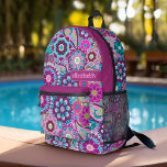 Trendy Retro Floral Pattern with name block Printed Backpack<br><div class="desc">A bold, floral design with colourful shades of purple and blue with a fun colour block to add your name or any text. The crazy flower pattern has a variety of colours. You can add a name, monogram or other custom text. If you need to move the art around, click...</div>