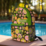 Trendy Retro Floral Pattern with name block Printed Backpack<br><div class="desc">A bold, floral design with colourful shades of gold, orange and green with a fun colour block to add your name or any text. The crazy flower pattern has a variety of colours. You can add a name, monogram or other custom text. If you need to move the art around,...</div>