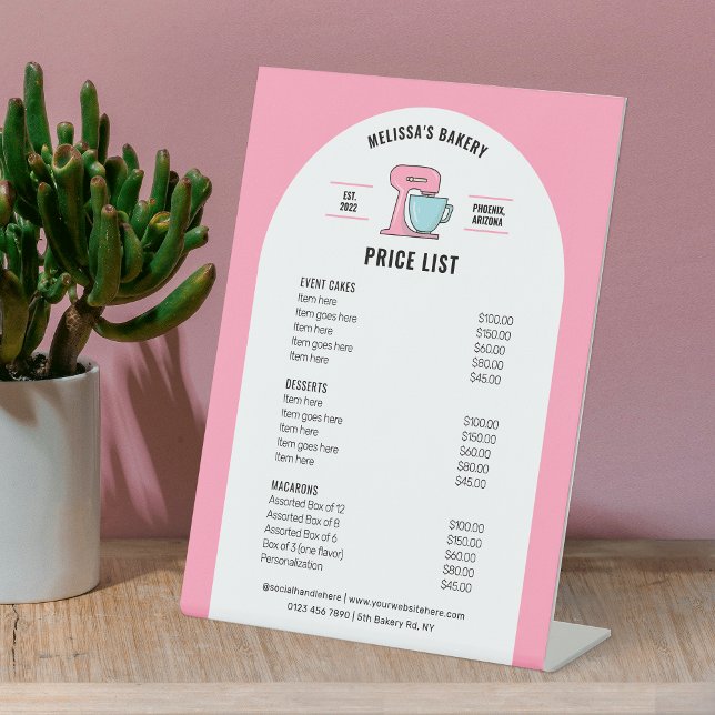 Trendy Retro Girly Pink Desserts Bakery Price List Pedestal Sign (Girly blush pink and white bakery price list menu table top sign with fully editable text & colors)