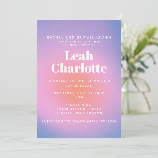 Trendy Retro Gradient Pink and Purple Bat Mitzvah  Invitation (Standing Front)