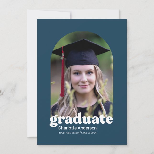 Trendy Retro Graduation Announcement in Navy (Front)