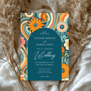 Trendy retro groovy flowers spring wedding invitation