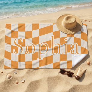 Trendy Retro Orange Chequered Personalised Name Beach Towel